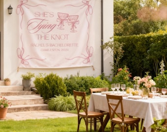 Shes Tying The Knot Backdrop, Shes Tying the Knot Bachelorette Decor, Tying The Knot Bridal Shower Banner, Bow Theme Bridal Party Backdrop