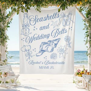 Seashells and Wedding Bells Bachelorette Banner Custom Coastal Bridal Shower Backdrop Beach Bachelorette Decor Coastal Bach Welcome Sign