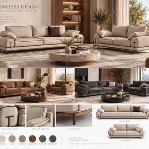 Peut inclure: Une collection de canapés au design bas avec une base en bois surélevée, des bords passepoilés et des accents latéraux en forme de T. L'ensemble comprend des configurations à deux et trois places en tissu ivoire, beige, brun et gris anthracite.