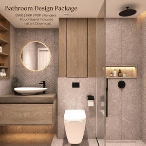 Könnte beinhalten: Ein Badezimmer-Designpaket mit einer digitalen Darstellung eines modernen Badezimmers mit grauen, strukturierten Wänden, einem schwebenden Holzwaschtisch, einem weißen Aufsatzwaschbecken, einem runden Spiegel und einer Glasdusche.