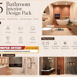 May include: An advertisement for a 25 Bathroom Interior Design Pack. The image shows a bathroom interior design and icons for interior designers, architects, and students. The pack includes 2D floor plans, 3D SketchUp files, and high-quality renders.