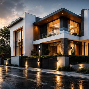 May include: A two-story modern house with white exterior walls, dark stone accents, and large glass windows. The structure features a flat roof, a balcony with a glass railing, and warm exterior lighting illuminating the facade at dusk.