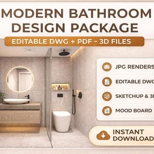 May include: A modern bathroom design package featuring a bathroom with a wooden vanity, a circular mirror, and a white toilet. The package includes JPG renders, editable DWG & PDFs, Sketchup & 3D models, and a mood board. Instant download available.