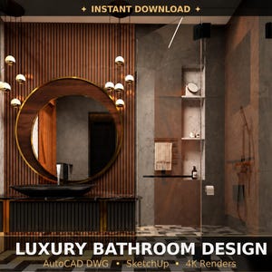 Puede incluir: Diseño de baño de lujo con un gran espejo redondo, un lavabo negro y un tocador de madera oscura. Las paredes son una mezcla de mármol y paneles de madera. El texto "LUXURY BATHROOM DESIGN" se muestra en la parte inferior.