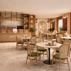 Puede incluir: Un interior de cafetería con un mostrador largo con paneles de rejilla y el texto Noor & Nook. El espacio incluye mesas redondas con tableros claros y sillas de madera con respaldos de rejilla y cojines verde oliva sobre un suelo de hormigón.