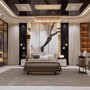 May include: A luxurious bedroom with a modern design. The room features a large bed with a brown bench, a marble accent wall, and a large gray rug. The ceiling has recessed lighting and a chandelier. There is a walk-in closet and a vanity area.
