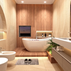 May include: A modern bathroom featuring a white freestanding oval bathtub on a raised wooden platform, a wall-mounted white bidet and toilet, a floating vanity with a sink, and warm ambient lighting against light-toned textured walls.