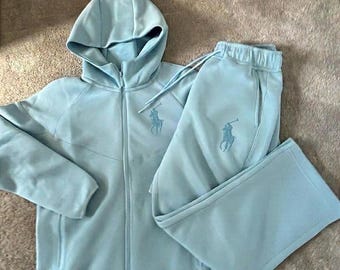 Conjunto de felpa técnica azul claro – Chándal con logo de Polo bordado – Ropa urbana de 2 piezas