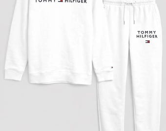 Unisex White Fleece Tracksuit Hoodie Joggers Set Tommy Hilfiger Style Printed Logo Sweatsuit