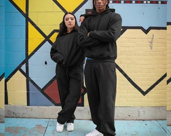 Zwarte oversized trainingspakset – bundel uniseks gezellige hoodie en joggingbroek, streetwear loungewear-outfit
