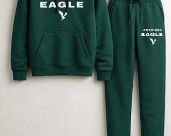 Unisex Forest Green Sweatsuit Hoodie Joggers Set Eagle Style Printed Fleece Tracksuit