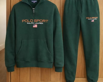 Men's Ralph Lauren Green Fleece Tracksuit Hoodie Joggers Polo Sport Style Printed Sweatsuit Set