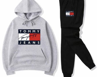 Uniseks grijs sweatshirt met capuchon joggingbroek heren Tommy-stijl fleece trainingspak met gedrukt logo
