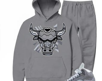 Jordan 5 Wolf Grey Sneaker Match Hoodie and Joggers set Grey Retro 5s Bull