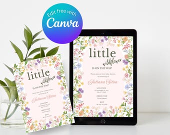 Invitación de baby shower con flores silvestres: Invitación floral para niña, plantilla editable (descarga digital)