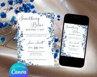 Blue Floral Bridal Shower Invitation: Editable Canva Template (Digital Download