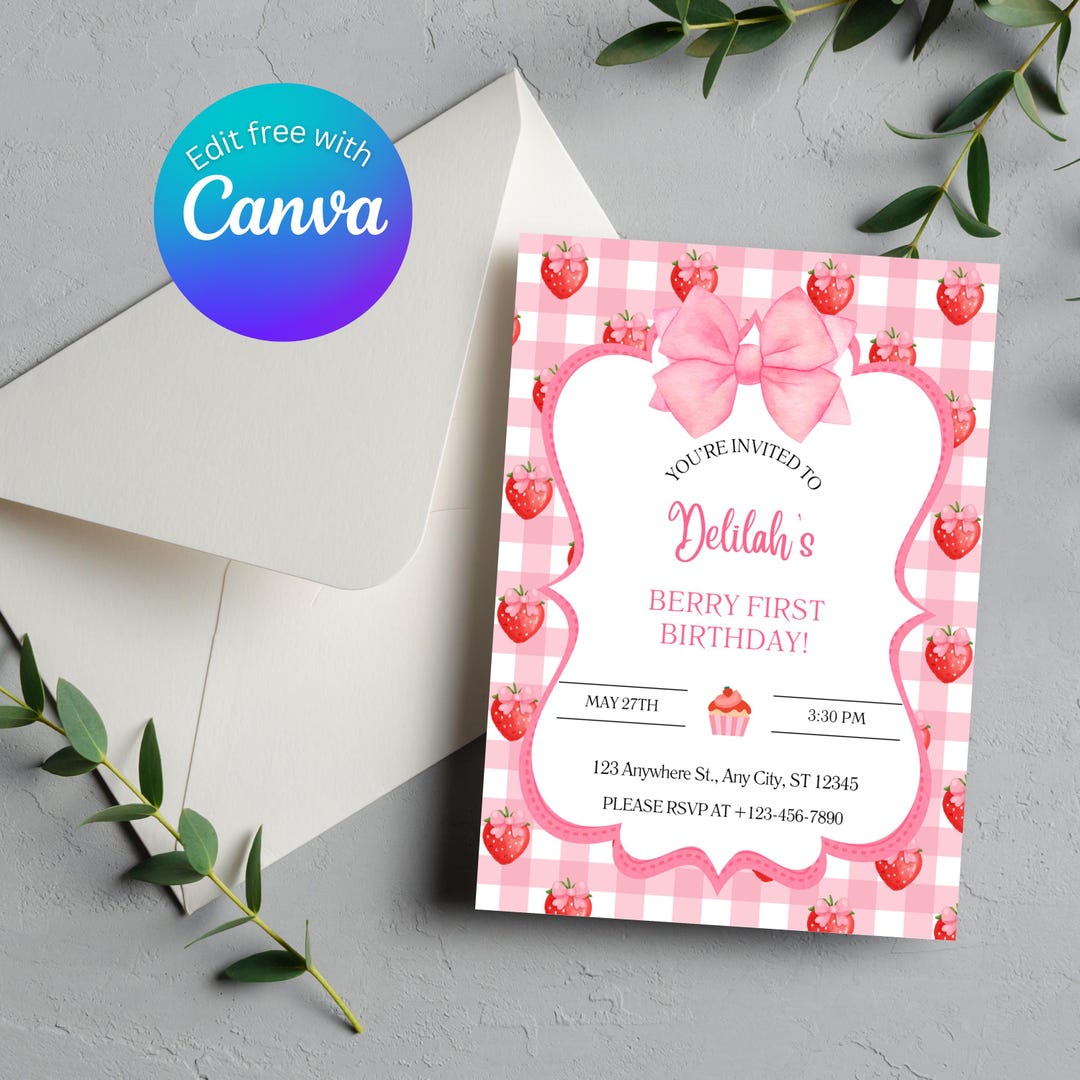 Strawberry First Birthday Invitation Girl: Pink Gingham Party Invite ...
