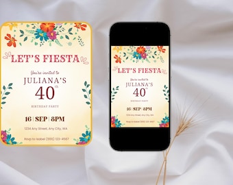 Puede incluir: Una invitación colorida para una fiesta de cumpleaños número 40 con un diseño floral. La invitación dice "Let's Fiesta!" e incluye la fecha y la hora de la fiesta.