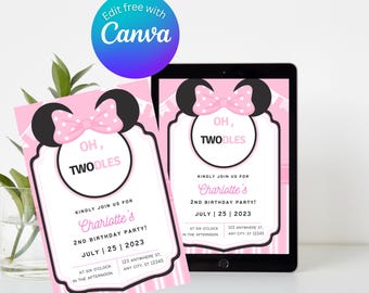 Minnie Mouse 2nd Birthday Invitation: Oh Twodles Party, Pink Polka Dots (Digital Download)