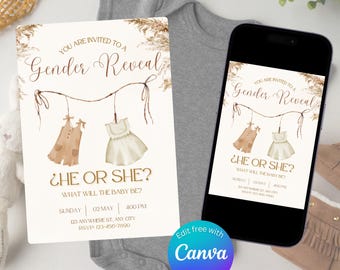 May include: A gender reveal invitation with the text "Gender Reveal" and "He or She?" features watercolor illustrations of baby clothes. The invitation is displayed on a smartphone and a printed card, with a gray onesie in the background.