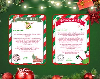 Carta imprimible de llegada y despedida de elfo / Notas de elfo navideño / Tradición navideña editable