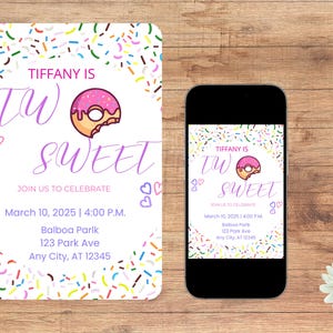 Two Sweet Second Birthday Invite| 2nd Birthday Invitation Donut Party Theme| 2 year old party theme| Digital Printable Invitation Template