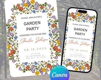 Wildflower Garden Bridal Shower Invitation Template (Canva Editable, Instant Download)
