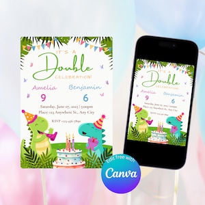 Editable Double Birthday Invitation Template: Sibling Party, Canva Printable