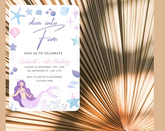 Mermaid 5th Birthday Invitation: Purple Pastel, Editable Canva (Digital Download)