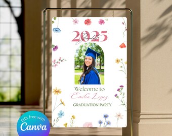 Floral Graduation Welcome Sign with Photo: Editable Canva Template (Digital Download)
