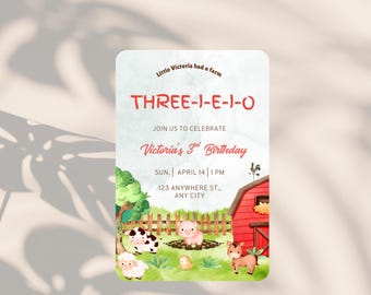 Farm Animals 3rd Birthday Invitation: Three-I-E-I-O, Editable Canva Template (Digital Download)