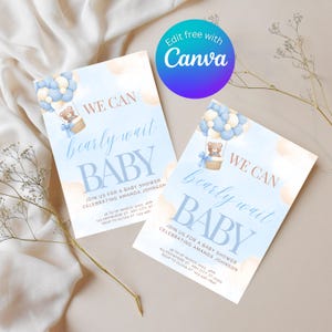 Blue Bear Baby Shower Invitation: We Can Bearly Wait (Digital Download, Editable in Canva)