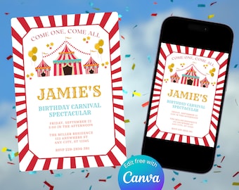 Circus Birthday Invitation: Red & White Stripe, Editable Canva Template (Digital Download)