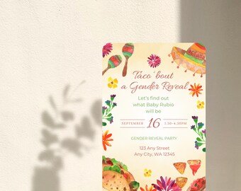 May include: A colorful invitation for a gender reveal party with a taco theme. The invitation features a watercolor illustration of a sombrero, maracas, tacos, and flowers. The text on the invitation reads "Taco 'bout a Gender Reveal" and includes the date, time, and location of the party.