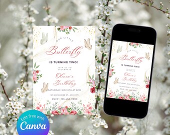 Butterfly 2nd Birthday Invitation: Whimsical Floral Design (Digital Download)