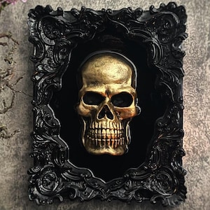 Baroque Gold Skull Wall Art, Handcrafted Resin Sculpture, Gothic Ornate Black Frame