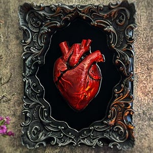 Baroque Frame Anatomical Heart Decor, Red human Heart Wall Sculpture, Handmade Gothic Resin Art