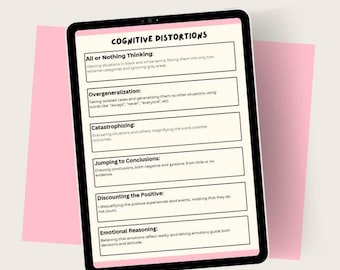 May include: A digital tablet displaying a list of cognitive distortions, including "All or Nothing Thinking", "Overgeneralization", "Catastrophizing", "Jumping to Conclusions", "Discounting the Positive", and "Emotional Reasoning".