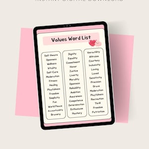 May include: A digital printable values word list with three columns of words. The words are organized by category: Self-Aware, Dignity, and Versatility. The background is pink.