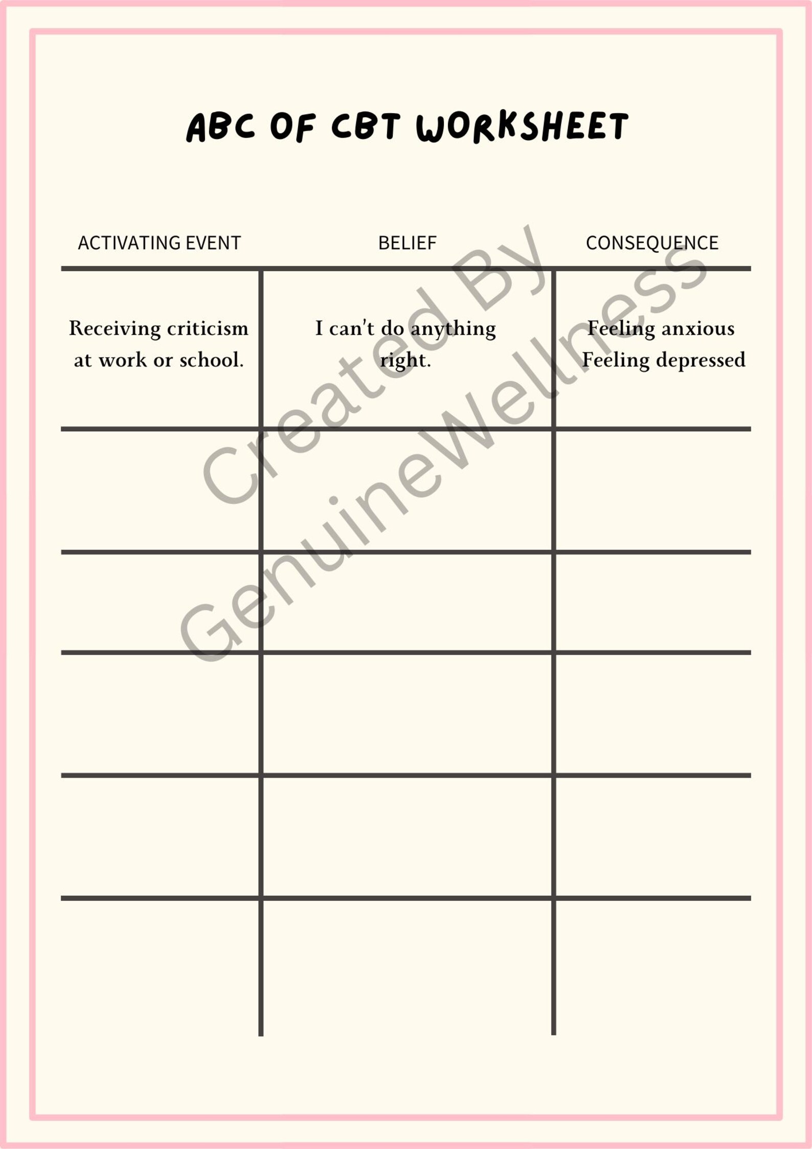 Abcs of CBT Worksheet | Printable Cognitive Behavioral Therapy ...