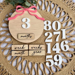 Marcador de hitos con forma de lazo para bebé, discos de hitos mensuales intercambiables, regalo para baby shower, regalo para baby shower para niña, accesorio fotográfico para recién nacida para niña