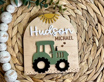 Teken babynaam tractor, bord geboorteaankondiging, teken boog naamaankondiging, 3D teken babynaam, bord pasgeboren foto ziekenhuis, teken jongensnaam