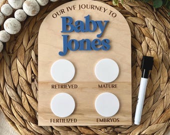 IVF-aankondiging, bord met embryotracker, schrijven in IVF-bord, IVF-mijlpaalbord, zwangerschap