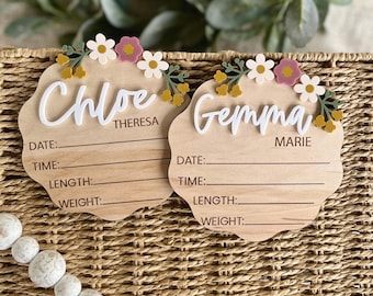 Birth Announcement Sign for Girl, Name Announcement Sign, Newborn Name Announcement, Newborn Wildflower Birth Stat Sign, Floral Name Sign
