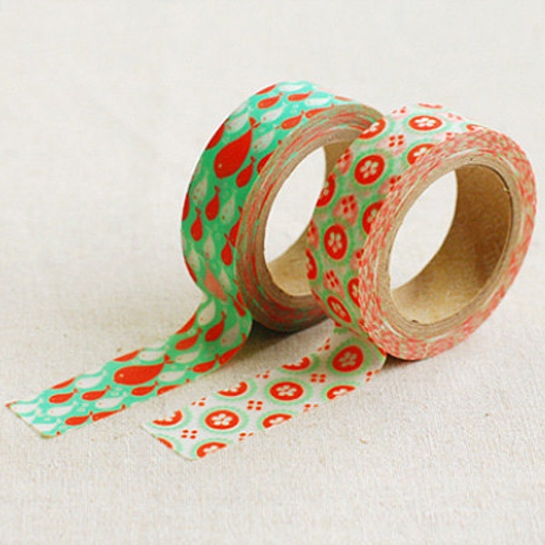 2 Set - Judy Red Fish Green Flower Adhesive Masking Tapes (0.6in)