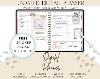 May include: A digital planner with a boho theme. The planner has a weekly layout with a to-do list, shopping list, and space for notes. The planner is undated and includes 350 stickers. The planner is shown open on a table with a stylus.