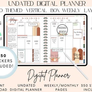 May include: A digital planner with a boho theme. The planner is undated and has a vertical box weekly layout. The planner is open to the month of May and includes 350 stickers. The planner is compatible with iOS and Android devices.
