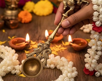 Handcrafted Brass Ganesha Pooja Spoon – Hindu Ritual Altar Decor