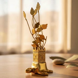 May include: A gold-colored decorative vase with a tower-like design, featuring a turtle base and leafy sprigs. The vase has intricate patterns and is placed on a wooden surface. The leaves are a warm gold color.