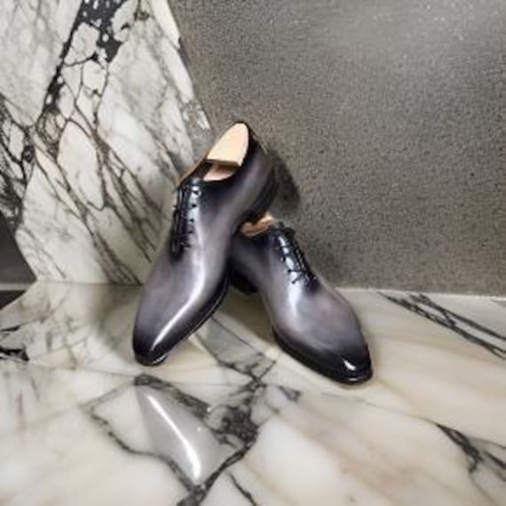Men's Handmade Gray & Black Shaded Leather Lace-Up Formal Custom Dress Shoes